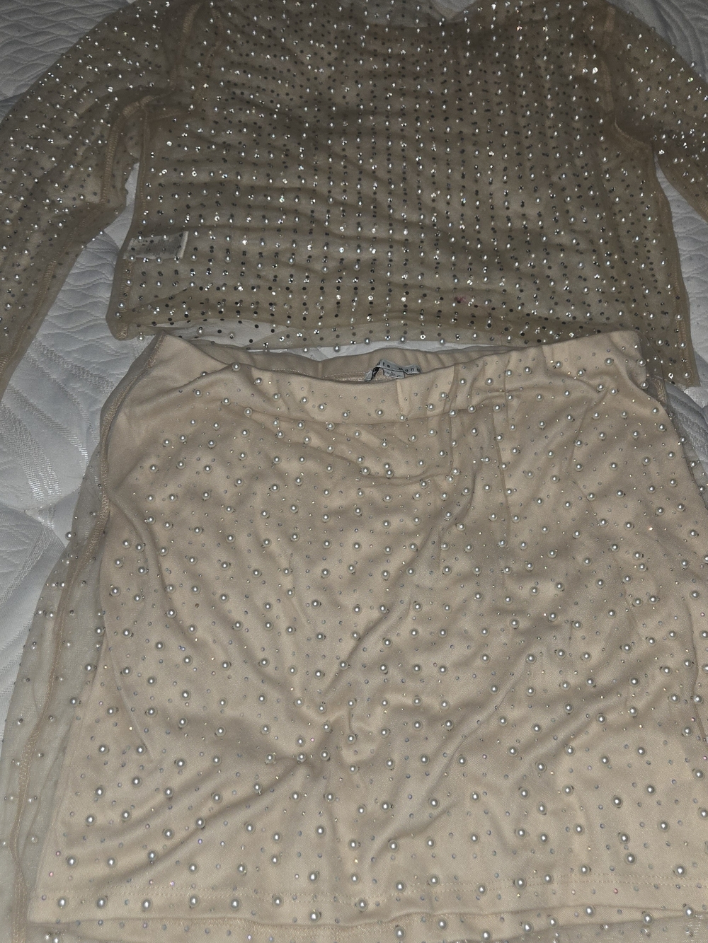 Haute Monde Beige Mini Skirt with Pearl Stud Top Too Match The Skirt